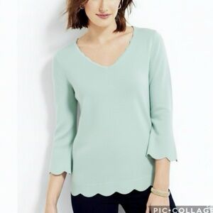 Talbots Sweater Scalloped Edge Hem Cuffs Ribbed Knit SP Mint Blue Party Work Mod